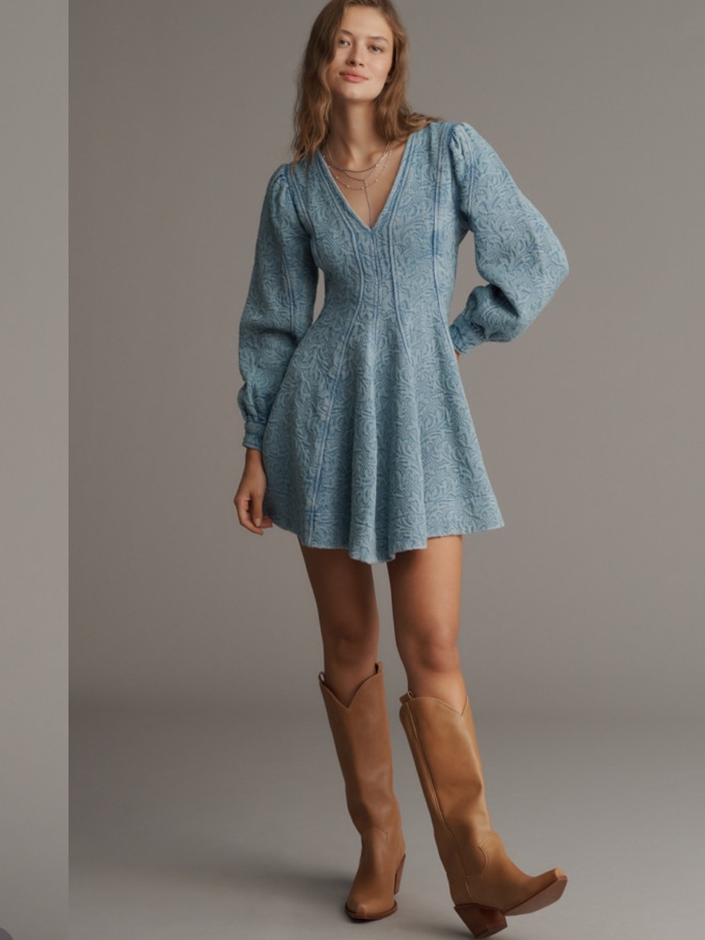 NWT Anthropologie Pilcro Long-Sleeve V-Neck Textured Mini Dress Washed Blue 8